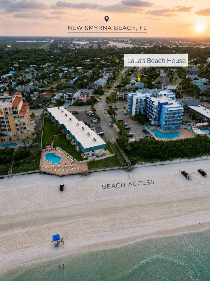 Aerial view of LaLa’s Beach House with easy beach access in New Smyna