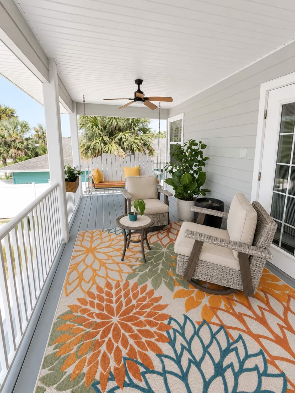 Bright covered porch with wicker seating, ceiling fan, and tropical views